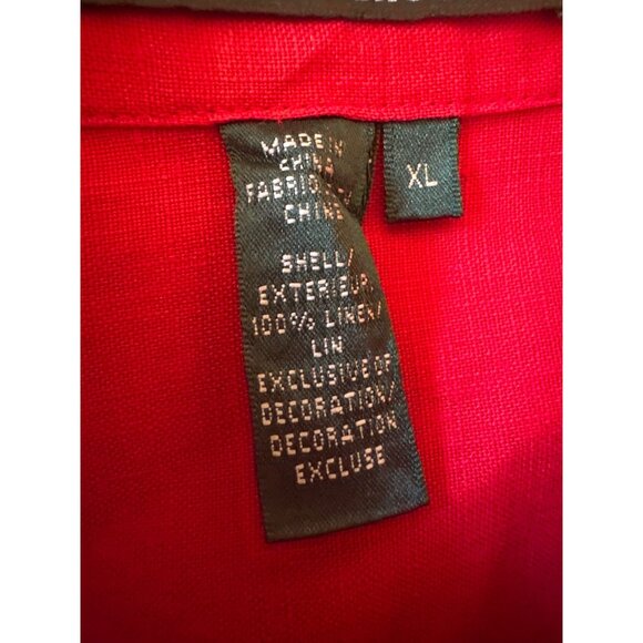 Red Linen Shirt Embroidered Anchor XL Nautical Preppy Old Money Roll Tab Sleeve - Picture 2 of 4